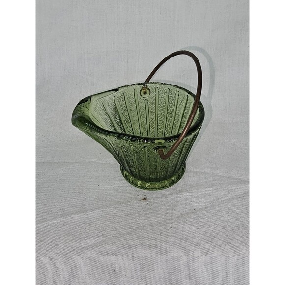 Vintage Green Ribbed Glass “Wash Bucket” Basket Metal Handle Mid-Century Decor - Picture 1 of 10